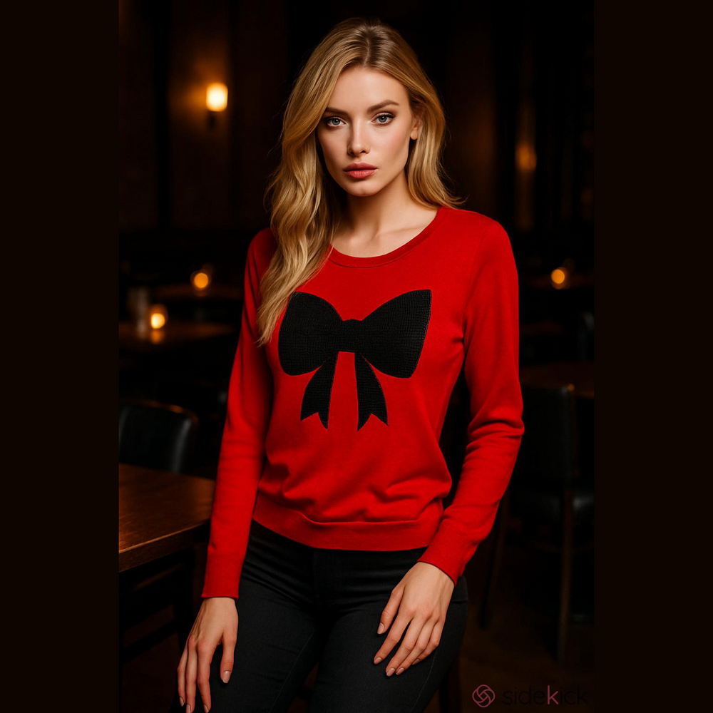 JL Red Valentine's Day Sweater Large Black Sequin Bow Y2K Aesthetic